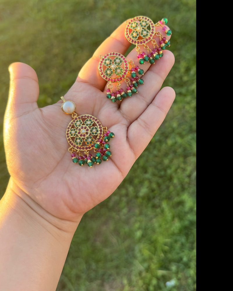 Gold-Plated 92.5 Silver Pendant Set in Ruby, Emerald & Pearl ( READY TO SHIP )