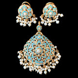 Turquoise and pearl gold plated jadau pendant set ( READY TO SHIP )