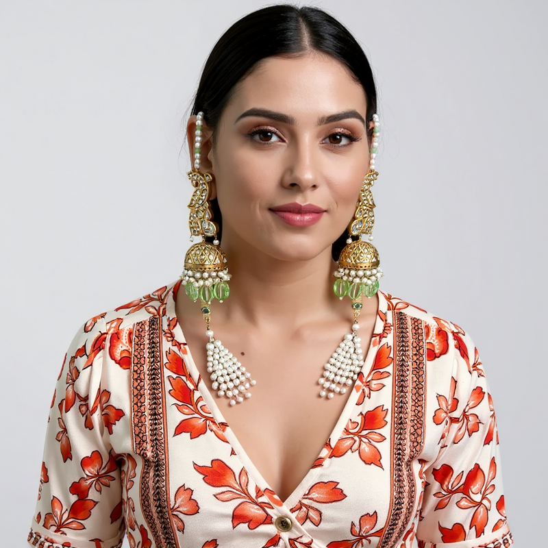 C577 Gold Plated Kundan Choker with Light Green Beads & Earrings ( READY TO SHIP )