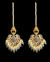 ERS82 Gold-Plated Meenakari Chandbali Earrings with Pearl Ear Support - BLUE ( READY TO SHIP)