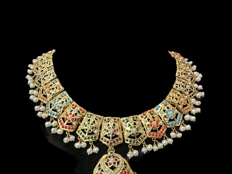 Navratan / Multicolored Jadau Necklace Set in Gold Plated Silver ( READY TO SHIP )