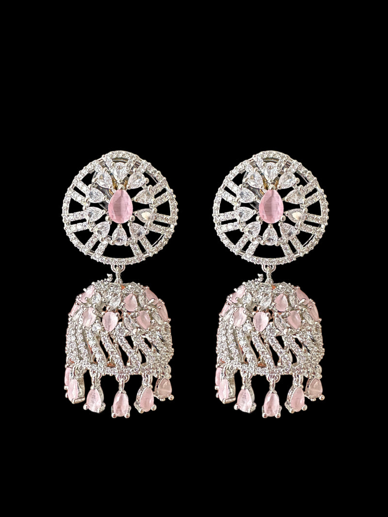 Cz jhumka  earrings - silver plated , pink ( READY TO SHIP )