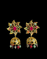 DER760  navratan gold plated Karanphool jhumka ( pearls ) ( READY TO SHIP )