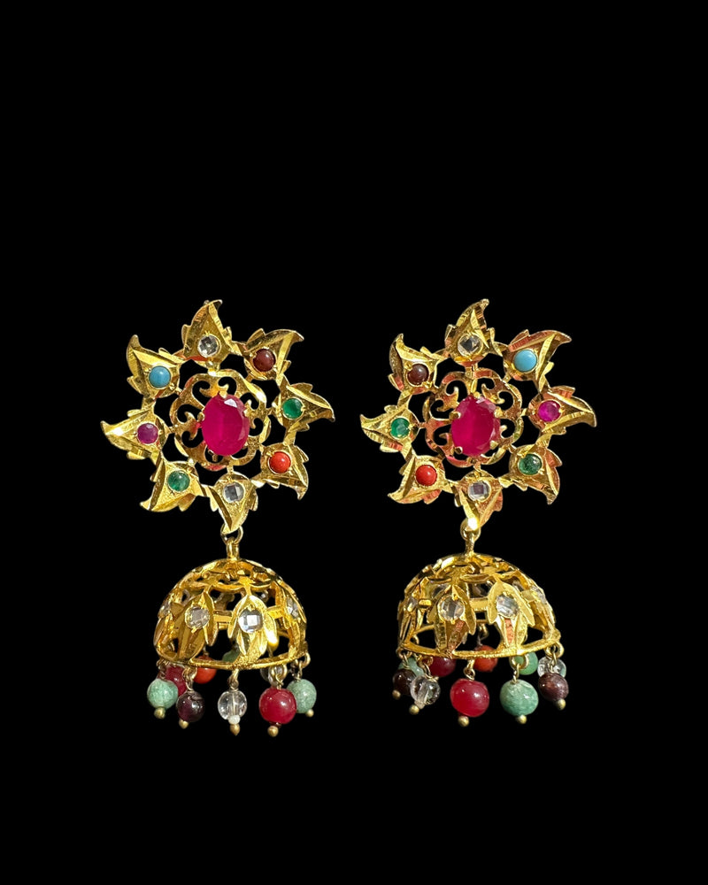 DER760  navratan gold plated Karanphool jhumka ( pearls ) ( READY TO SHIP )