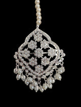 Mehru Jadau chandbali earrings tika in pearls - silver plated ( SHIPS IN 3 WEEKS )