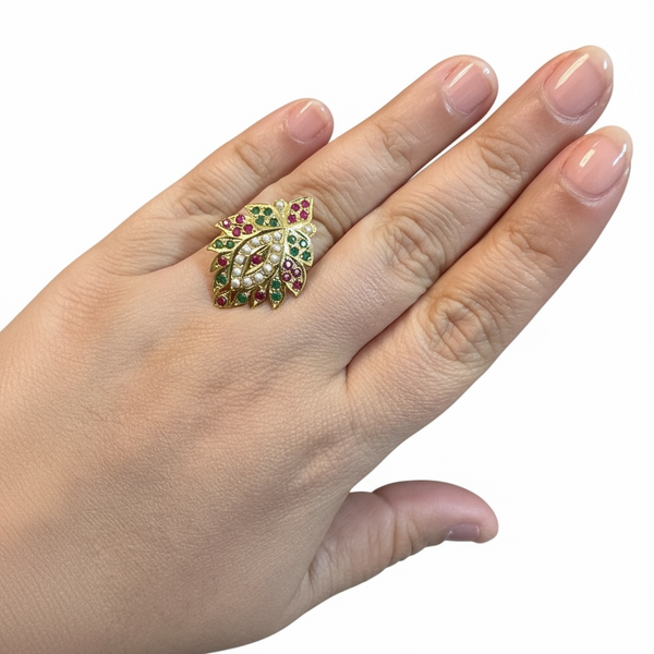Ruby, Emerald & Freshwater Pearl Gold-Plated Silver Adjustable Ring ( READY TO SHIP )