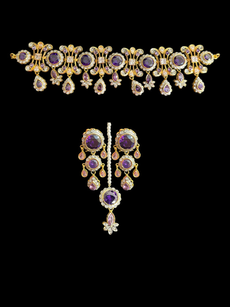 High quality cz  necklace set with tika - purple, Gold plated ( READY TO SHIP )