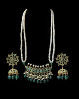 Tirmani Necklace Set with Large Jhumka Earrings – 22K Gold-Plated Jewelry with Freshwater Pearls and Emerald Beads
 ( SHIPS IN 4 WEEKS  )