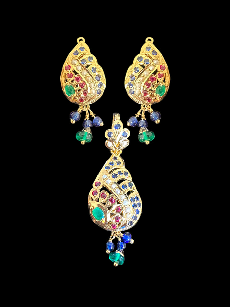 Gold plated jadau silver pendant set in emerald sapphire  ( READY TO SHIP )