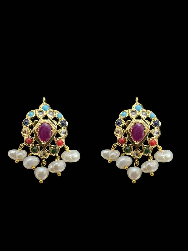 ET536  Faryal fresh water Pearl earrings - Navratan ( READY TO SHIP )