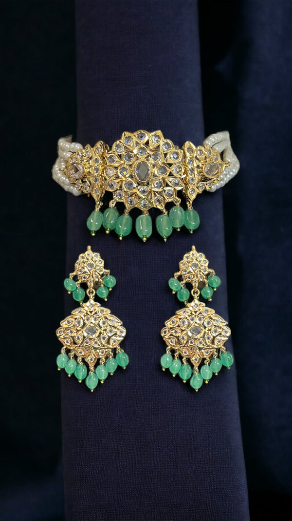 C300 Lekha choker set ( green beads ) ( READY TO SHIP  )