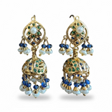 Gold-Plated Silver Jhumka Earrings in Emerald, Sapphire & Freshwater Pearls ( READY TO SHIP )