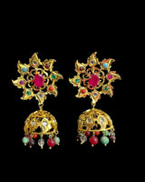 DER760  navratan gold plated Karanphool jhumka ( pearls ) ( READY TO SHIP )