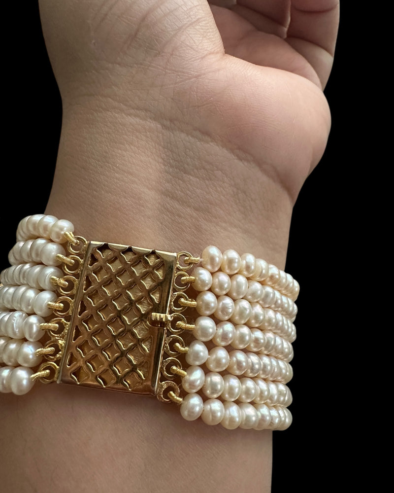 Gold-Plated Silver jadau Bracelet in Ruby, Emerald & Freshwater Pearls ( READY TO SHIP )