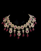 DNS209 🌸 Floral Motif Hyderabadi Necklace Set – Gold-Plated with CZ Polki & Ruby Quartz Beads ( READY TO SHIP )