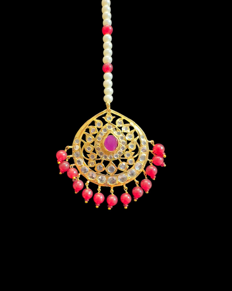 DJTK372 Gold-Plated Tikka in Pearl & Ruby Combination ( READY TO SHIP )