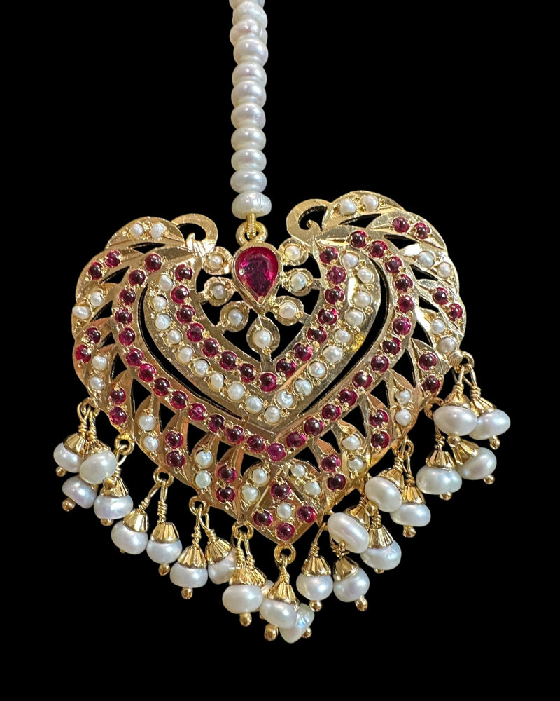 Gold Plated Silver Ruby Tika with Freshwater Pearls ( READY TO SHIP )