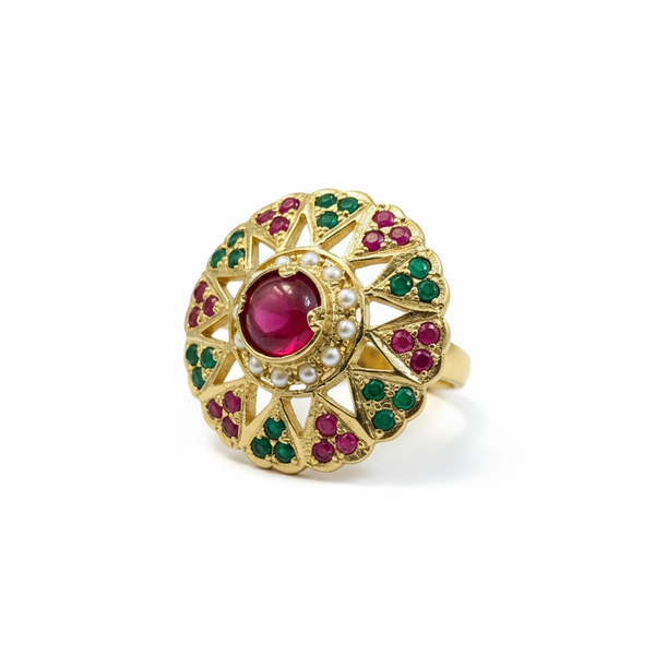 Ruby, Emerald & Freshwater Pearl Gold-Plated Silver Adjustable Ring ( READY TO SHIP)