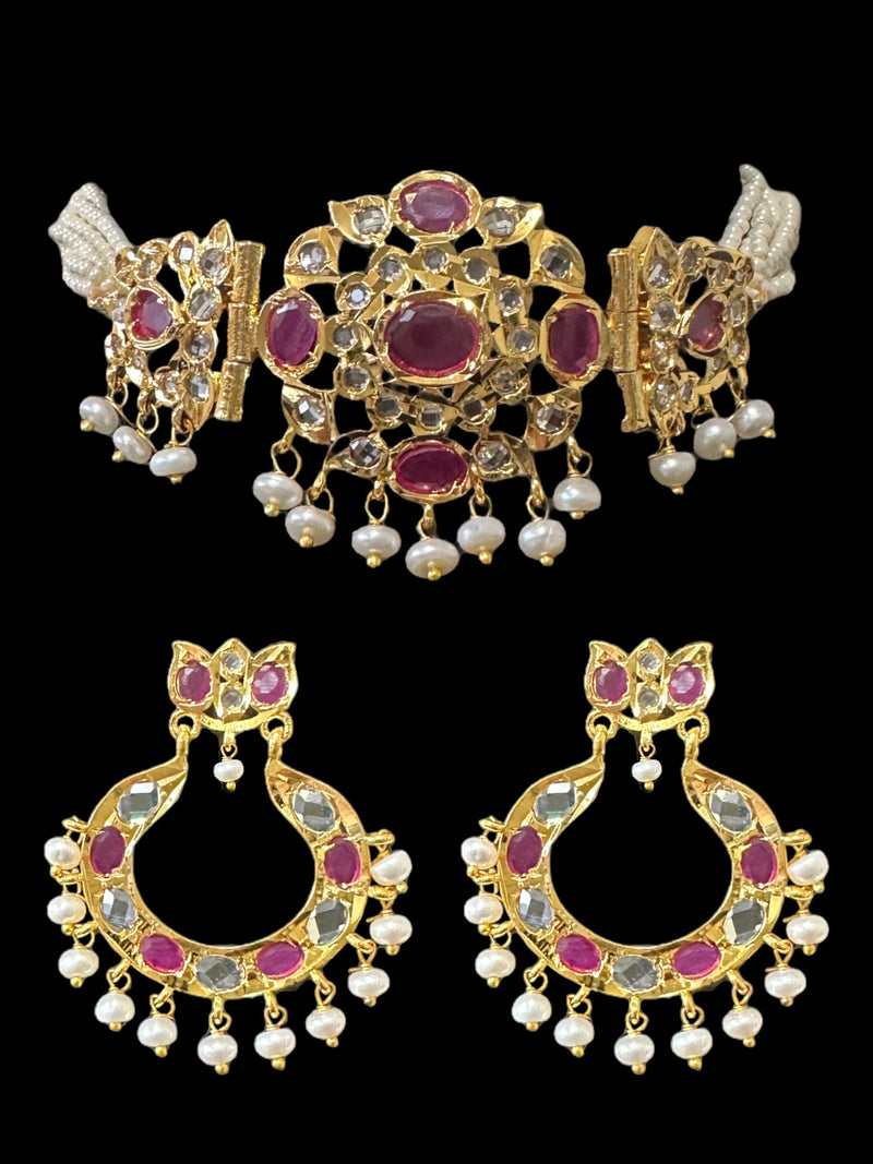 C302 MUSHK hyderabadi choker with earrings -Ruby ( SHIPS IN 4 WEEKS )