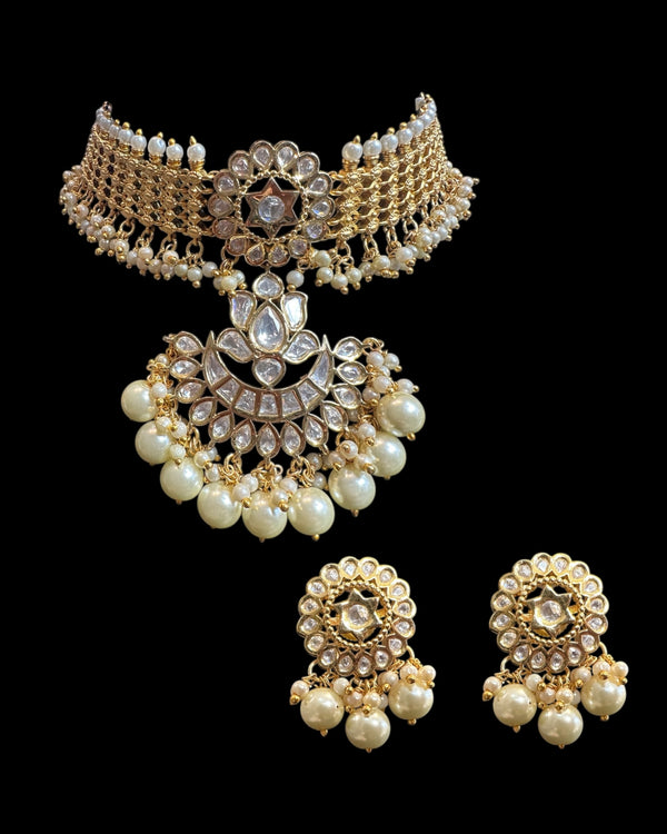 Polki choker earrings set with pearls ( READY TO SHIP )
