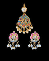 Turquoise & Ruby Gold-Plated 92.5 Silver Pendant Set with Freshwater Pearls ( READY TO SHIP )