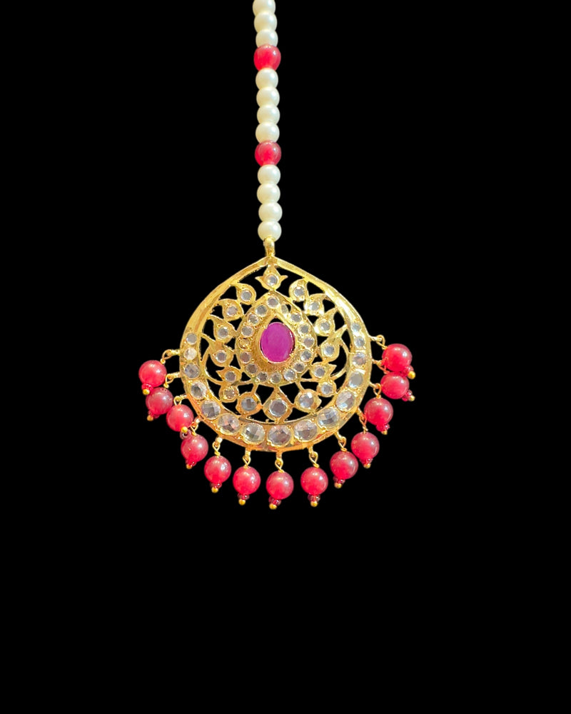 DJTK372 Gold-Plated Tikka in Pearl & Ruby Combination ( READY TO SHIP )
