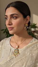 Turquoise & Ruby Gold-Plated 92.5 Silver Pendant Set with Freshwater Pearls ( READY TO SHIP )