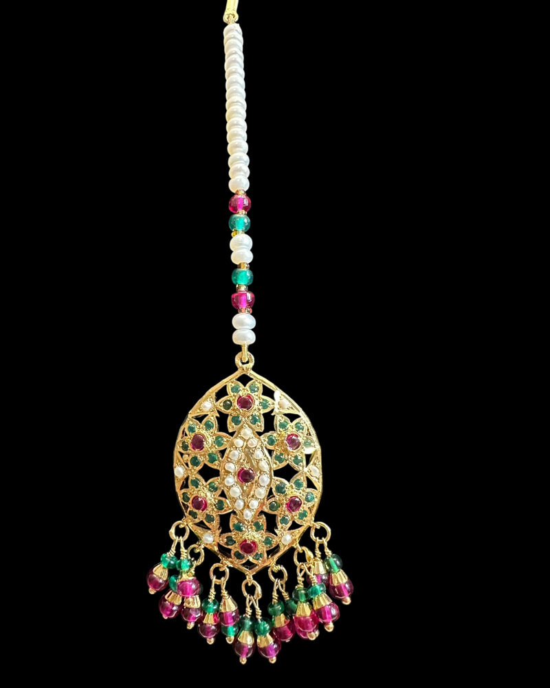 Gold Plated Silver Ruby & Emerald Tika with Freshwater Pearls ( READY TO SHIP )