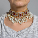 Farhat 💎 Ruby Bridal Choker Set with Earrings & Tika – Gold-Plated with Zircon & Shell Pearls