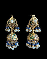 Gold-Plated Silver Jhumka Earrings in Emerald, Sapphire & Freshwater Pearls ( READY TO SHIP )