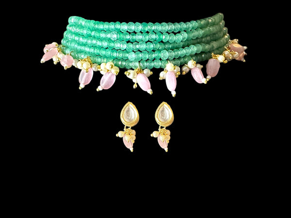 C325 choker set in light green  with pink beads ( SHIPS IN 3 WEEKS )