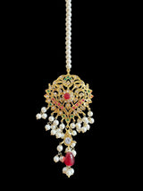 Zara earrings with jhumka and tika set in pearls- ruby emerald combination  ( READY TO SHIP )