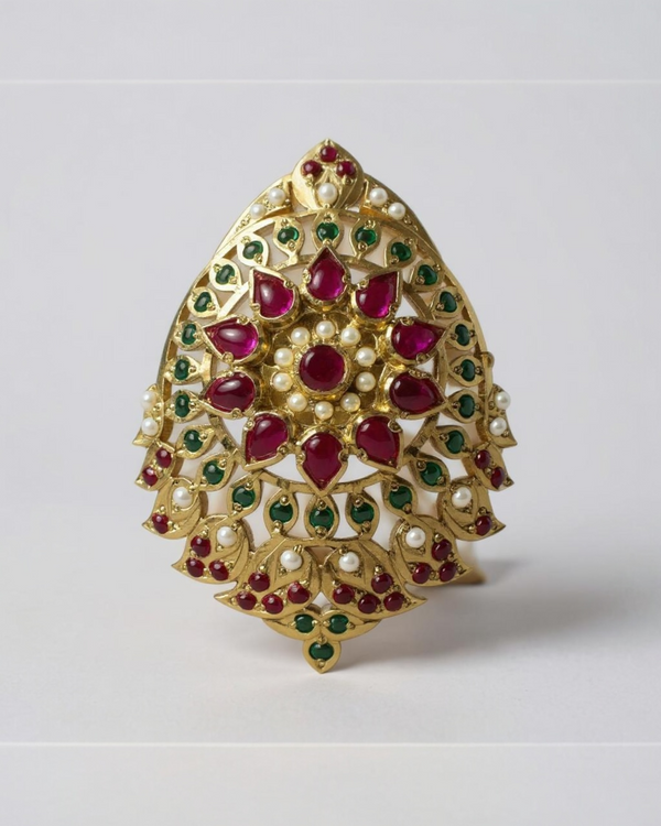 Ruby, Emerald & Pearl Ring – Gold-Plated Silver Statement Piece ( READY TO SHIP )