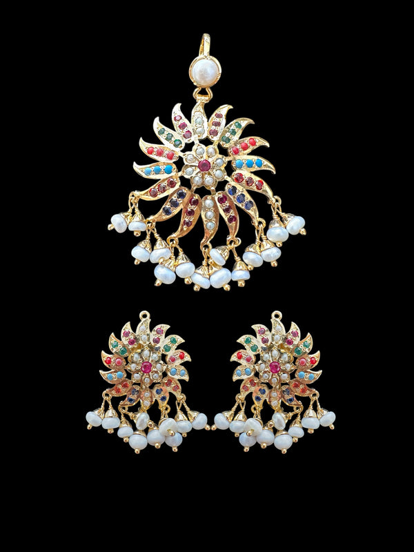 Nameera pendant set in gold plated silver earrings- NAVRATAN ( READY TO SHIP )