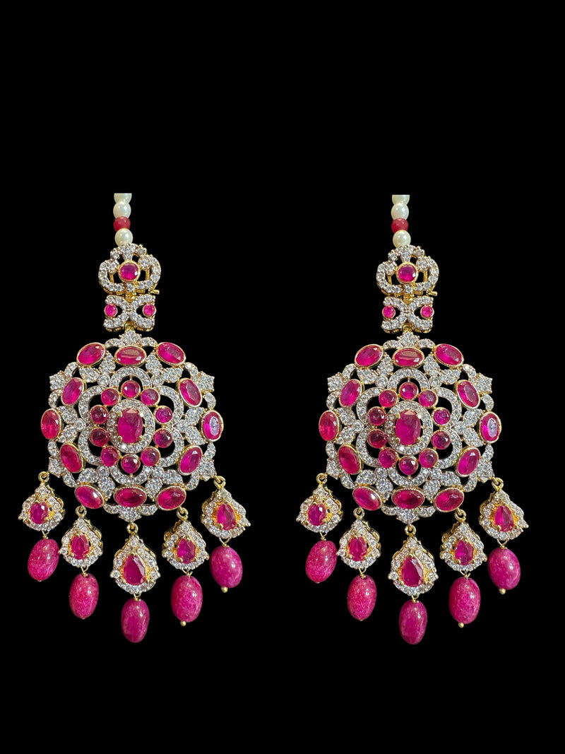 DLN137 MANDIRA Long CZ Pearl Mala with Ruby Beads | Necklace & Earrings Set ( READY TO SHIP )