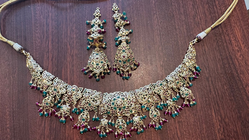 Ruby-Emerald Freshwater Pearl Bridal Necklace Set | Gold-Plated Silver Elegance ( READY TO SHIP )