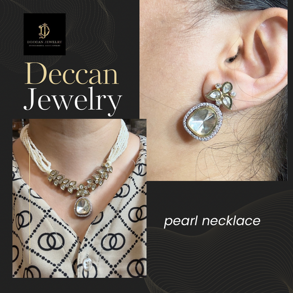 DNS214 Pearl & Polki Necklace with Stud Earrings – Dainty Gold-Plated Set ( READY TO SHIP )