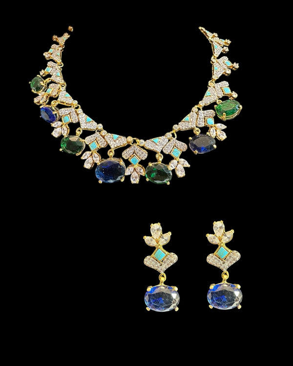 DNS213 Turquoise & emerald sapphire CZ Necklace Set with Earrings – Gold Plated ( READY TO SHIP )