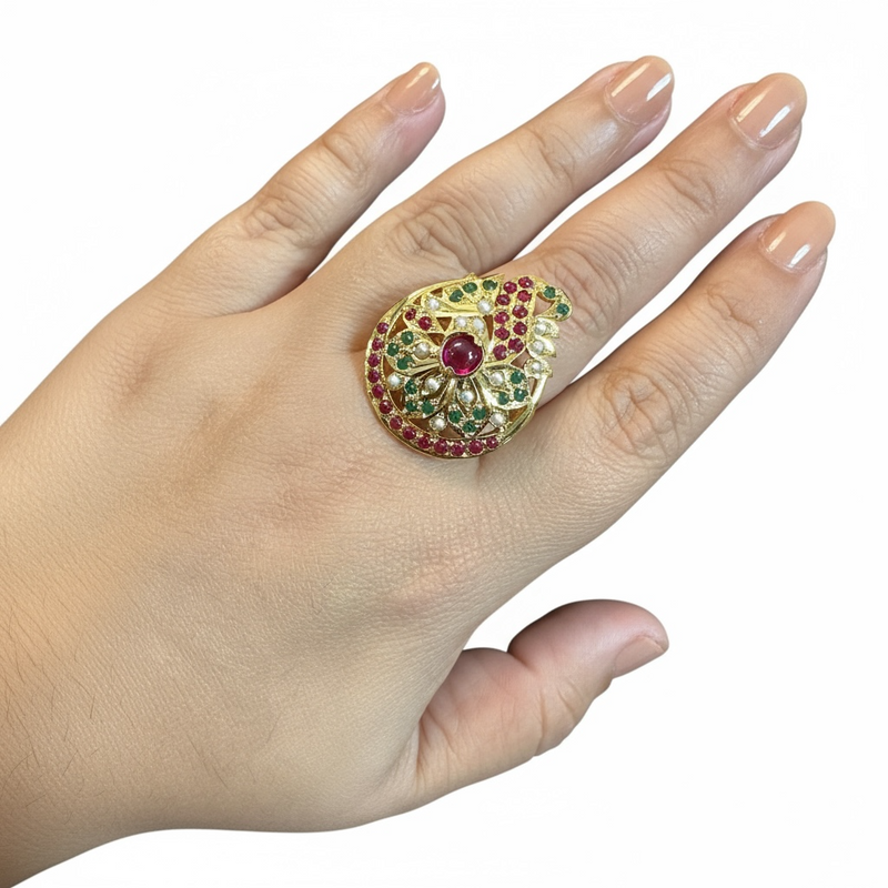 Ruby Emerald Pearl Ring – Gold-Plated 92.5 Silver ( READY TO SHIP )