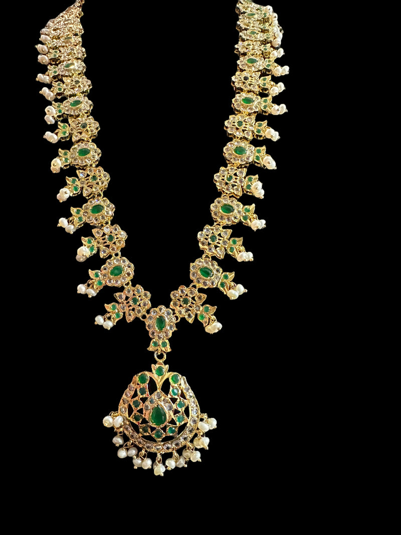 DLN73 Mallika hyderabadi Rani haar in green with fresh water pearls ( READY TO SHIP )