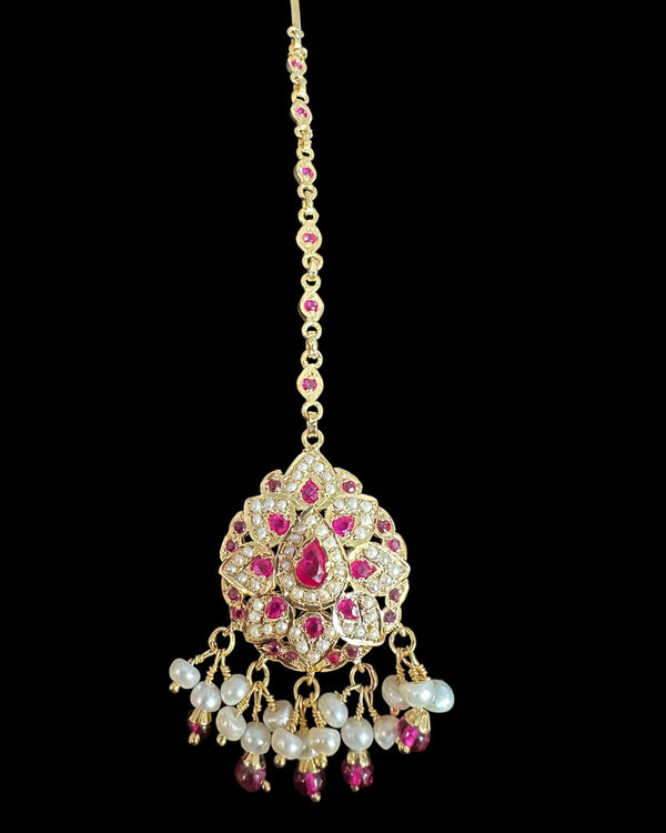 Ruby & Pearl Teardrop Tikka – Gold-Plated Silver (92.5 Sterling Silver Base) ( READY TO SHIP )