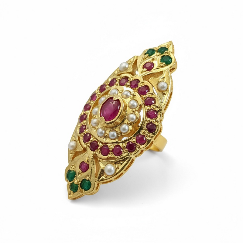 Ruby Emerald Pearl Adjustable Ring – Gold-Plated 92.5 Silver ( READY TO SHIP )