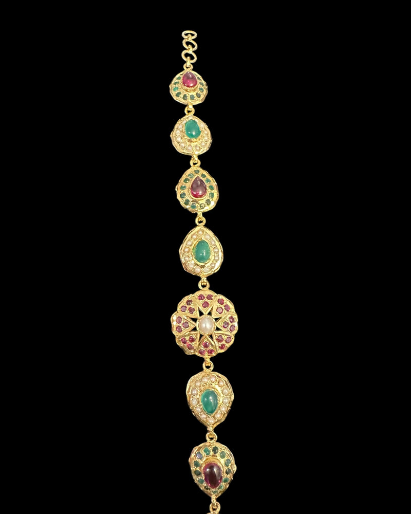 Ruby, Emerald & Pearl Gold-Plated Silver Bracelet – 92.5 Silver ( READY TO SHIP )