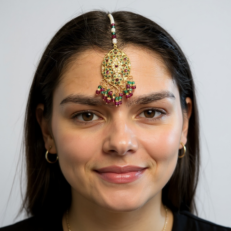 Gold Plated Silver Ruby & Emerald Tika with Freshwater Pearls ( READY TO SHIP )