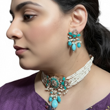 C594 Turquoise & CZ-Polki Floral Choker Set — Gold Plated ( READY TO SHIP )