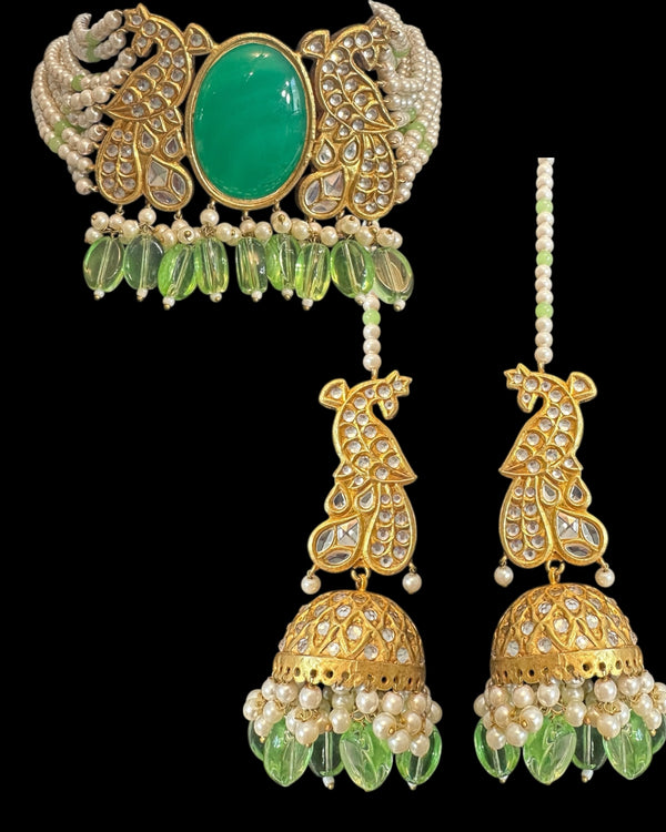 C577 Gold Plated Kundan Choker with Light Green Beads & Earrings ( READY TO SHIP )