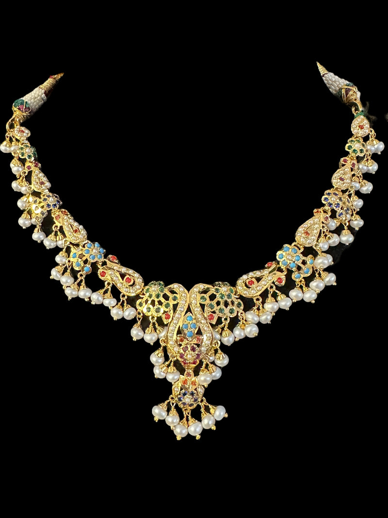 Navratan / Multicolored Jadau delicate Necklace Set in Gold Plated Silver ( READY TO SHIP )