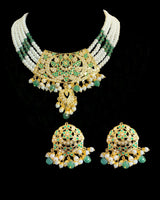 DNS505 Gold Plated Jadau Emerald Pearl Necklace Set with Earrings  ( READY TO SHIP )