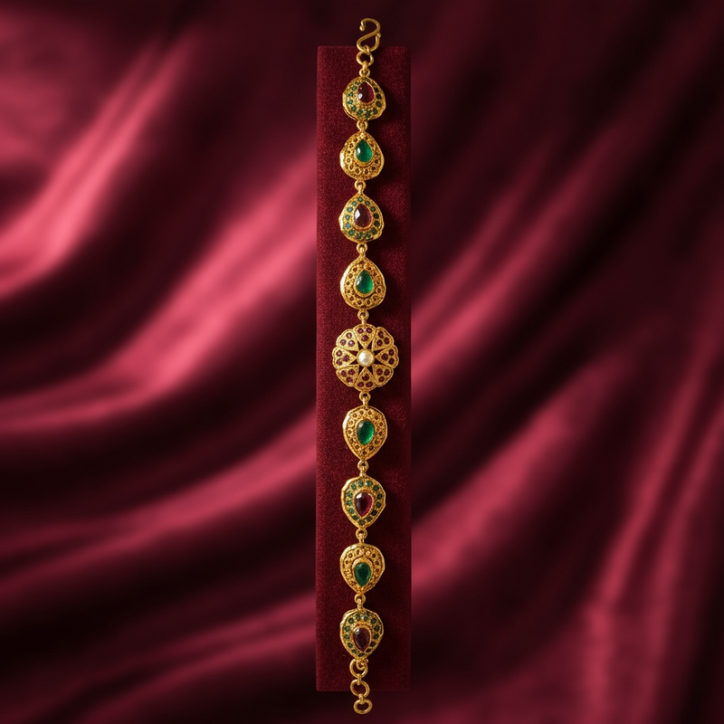 Ruby, Emerald & Pearl Gold-Plated Silver Bracelet – 92.5 Silver ( READY TO SHIP )