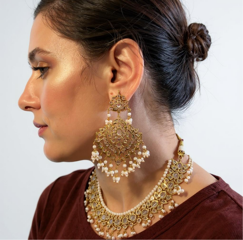 Ekta Gold-Plated Bridal Set with Earrings, Tika & Jhoomar –Pearls ( READY TO SHIP )